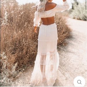 VICI DOLLS maxi dress. Cream lace/tulle. Open back. Off the shoulder.